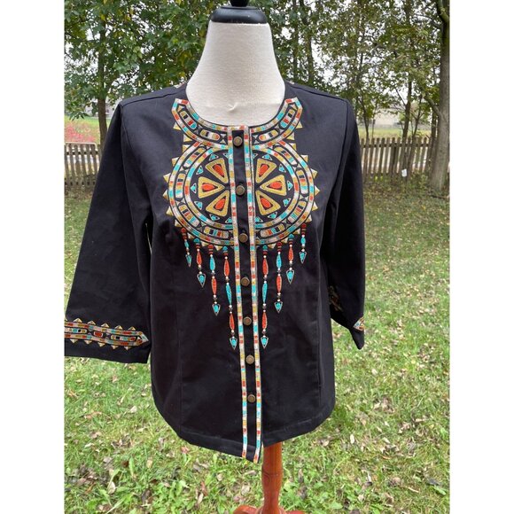 Bob Mackie Wearable Art Medium Black Jacket With Colorful Embroidery & Button Cl - Picture 1 of 9